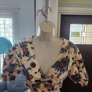 A.L.C. Cream Floral V-Neck Blouse